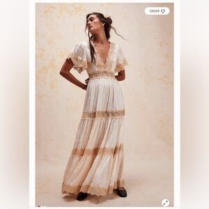 Free People X SPELL Ocean Lace Tiered Maxi Gown Dress S